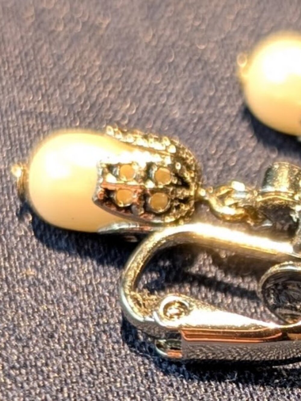 Vintage Rhinestone Flower Faux Pearl Filigree Drop Clip On Earrings Victorian